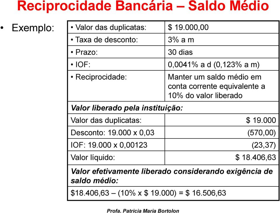 Manter um saldo médio em conta corrente equivalente a 10% do valor liberado Valor das duplicatas: $ 19.000 Desconto: 19.