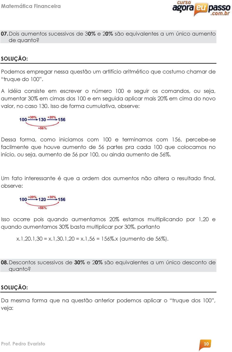 Isso de forma cumulativa, observe: Dessa forma, como iniciamos com 100 e terminamos com 156, percebe-se facilmente que houve aumento de 56 partes pra cada 100 que colocamos no início, ou seja,