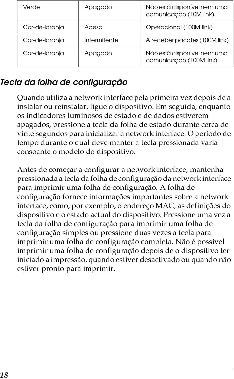 Tecla da folha de configuração Quando utiliza a network interface pela primeira vez depois de a instalar ou reinstalar, ligue o dispositivo.