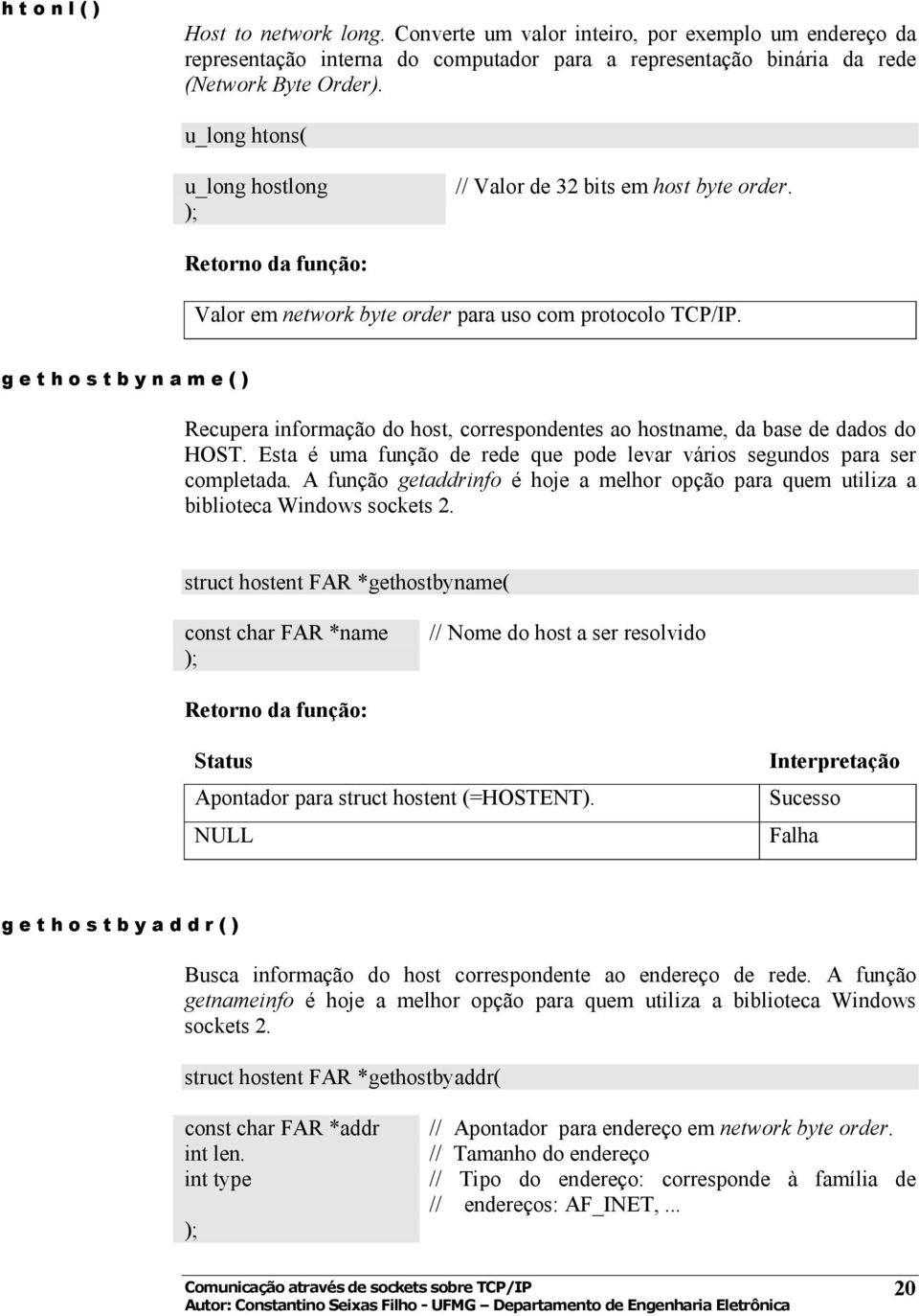 g e t h o s t b y n a m e ( ) Recupera informação do host, correspondentes ao hostname, da base de dados do HOST. Esta é uma função de rede que pode levar vários segundos para ser completada.