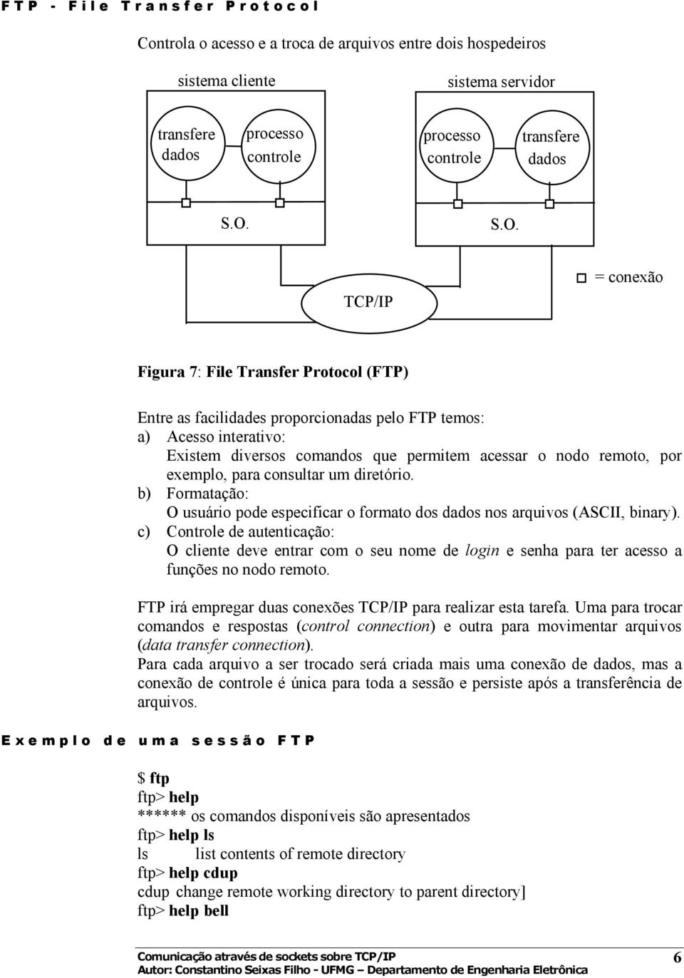 S.O. TCP/IP = conexão Figura 7: File Transfer Protocol (FTP) Entre as facilidades proporcionadas pelo FTP temos: a) Acesso interativo: Existem diversos comandos que permitem acessar o nodo remoto,