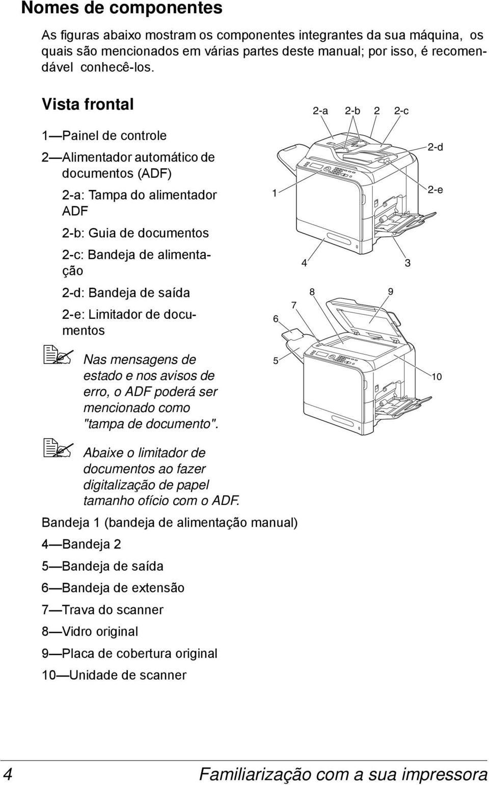 2-e: Limitador de documentos Nas mensagens de estado e nos avisos de erro, o ADF poderá ser mencionado como "tampa de documento".