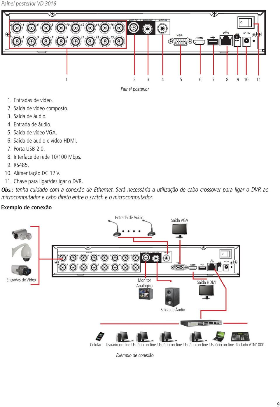Será necessária a utilização de cabo crossover para ligar o DVR ao microcomputador e cabo direto entre o switch e o microcomputador.