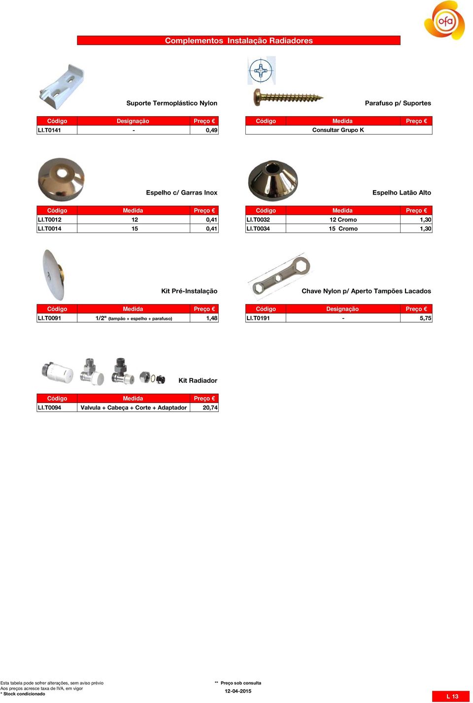 T0014 15 0,41 LI.T0034 15 Cromo 1,30 Kit Pré-Instalação Chave Nylon p/ Aperto Tampões Lacados Código Designação Preço LI.