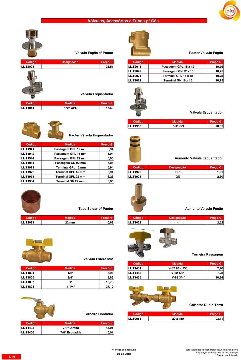 T1941 Passagem GPL 12 mm 5,94 LL.T1942 Passagem GPL 15 mm 5,94 LL.T1944 Passagem GPL 22 mm 6,90 Aumento Válvula Esquentador LL.T1954 Passagem GN 22 mm 6,05 LL.