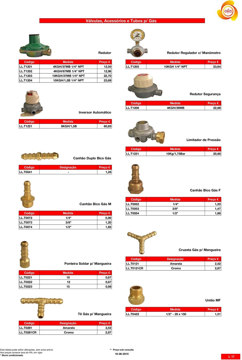 T1221 8KGH/1,5B 60,85 Limitador de Pressão Canhão Duplo Bico Gás LL.T1231 10Kg/1,75Bar 20,60 Código Designação Preço LL.T0041-1,26 Canhão Bico Gás F Canhão Bico Gás M LL.T0052 1/4" 1,20 LL.