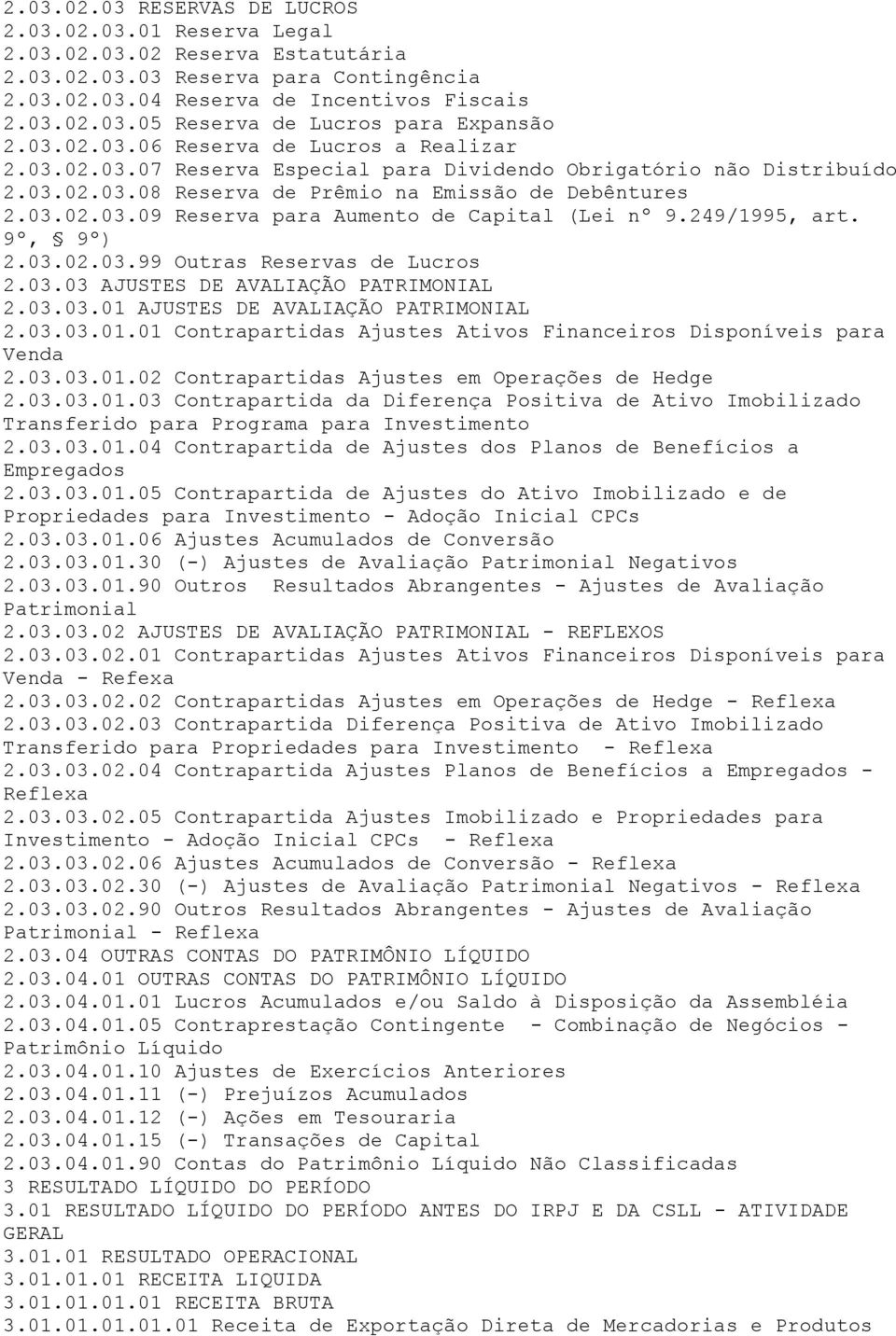 249/1995, art. 9º, 9º) 2.03.02.03.99 Outras Reservas de Lucros 2.03.03 AJUSTES DE AVALIAÇÃO PATRIMONIAL 2.03.03.01 AJUSTES DE AVALIAÇÃO PATRIMONIAL 2.03.03.01.01 Contrapartidas Ajustes Ativos Financeiros Disponíveis para Venda 2.