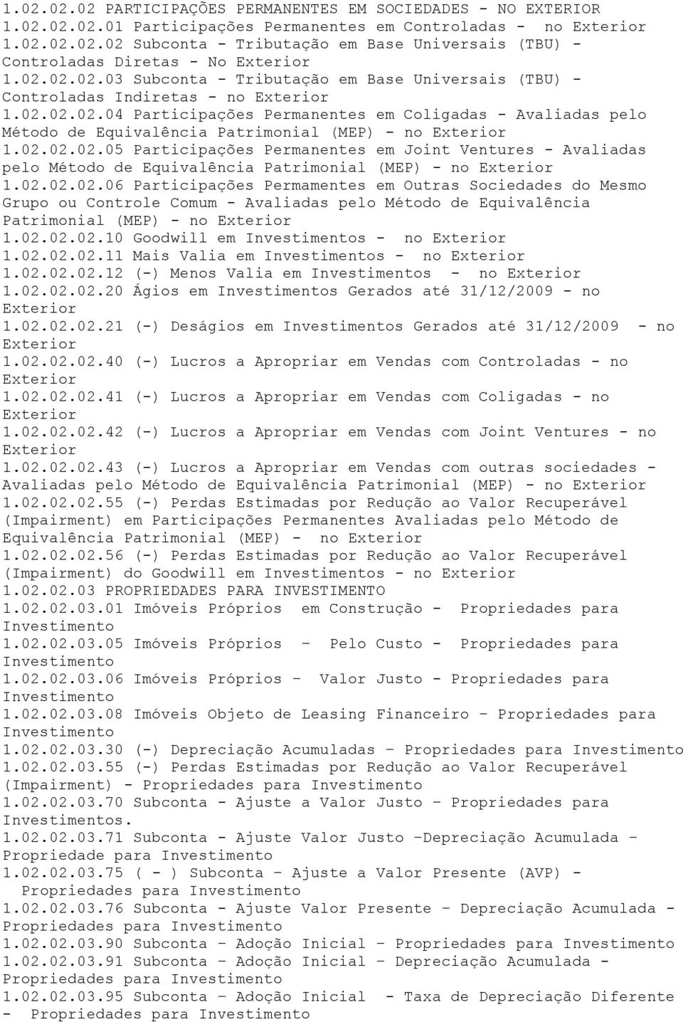 02.02.02.05 Participações Permanentes em Joint Ventures - Avaliadas pelo Método de Equivalência Patrimonial (MEP) - no Exterior 1.02.02.02.06 Participações Permamentes em Outras Sociedades do Mesmo Grupo ou Controle Comum - Avaliadas pelo Método de Equivalência Patrimonial (MEP) - no Exterior 1.
