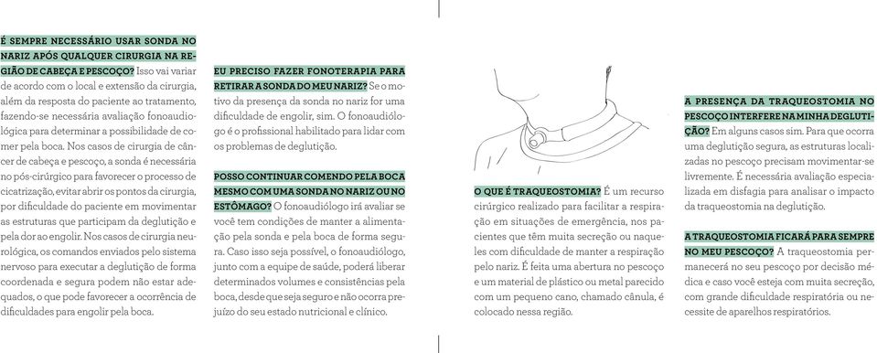 boca. Nos casos de cirurgia de câncer de cabeça e pescoço, a sonda é necessária no pós-cirúrgico para favorecer o processo de cicatrização, evitar abrir os pontos da cirurgia, por dificuldade do