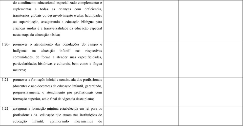 20- promover o atendimento das populações do campo e indígenas na educação infantil nas respectivas comunidades, de forma a atender suas especificidades, particularidades históricas e culturais, bem