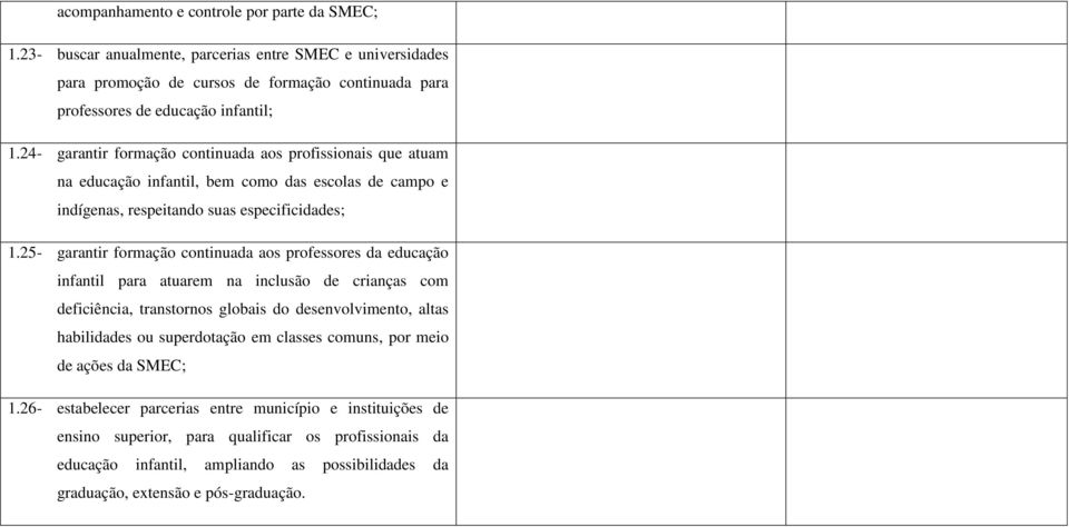 25- garantir formação continuada aos professores da educação infantil para atuarem na inclusão de crianças com deficiência, transtornos globais do desenvolvimento, altas habilidades ou superdotação