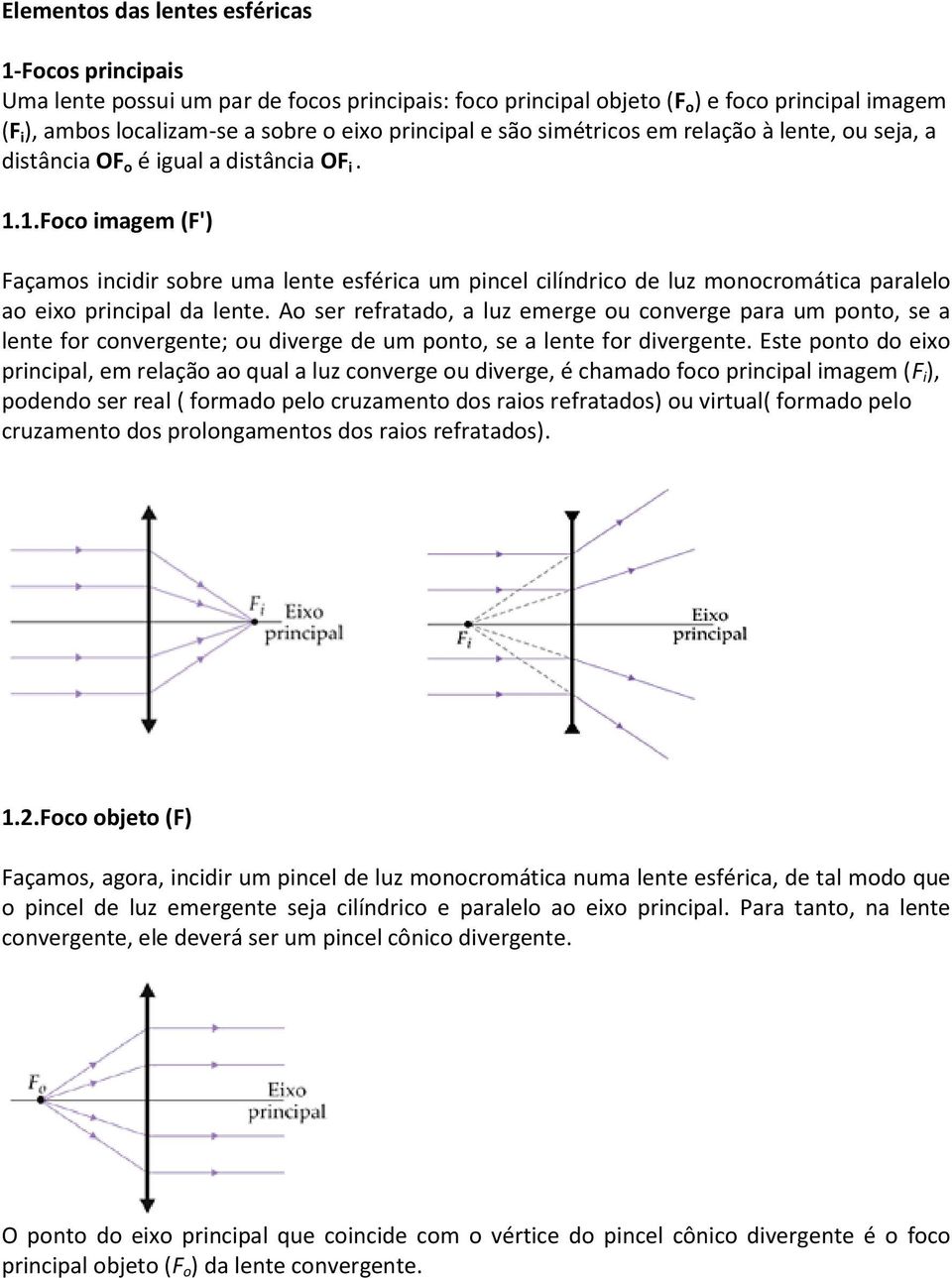 1.Foco imagem (F') Façamos incidir sobre uma lente esférica um pincel cilíndrico de luz monocromática paralelo ao eixo principal da lente.