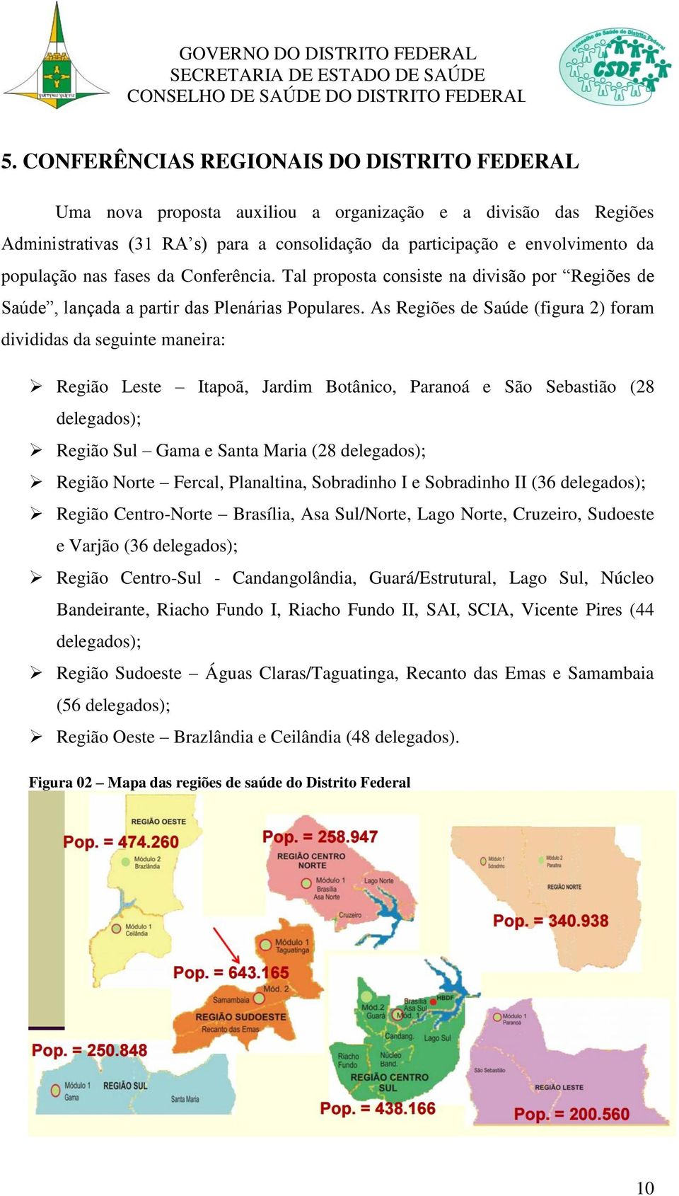 As Regiões de Saúde (figura 2) foram divididas da seguinte maneira: Região Leste Itapoã, Jardim Botânico, Paranoá e São Sebastião (28 delegados); Região Sul Gama e Santa Maria (28 delegados); Região