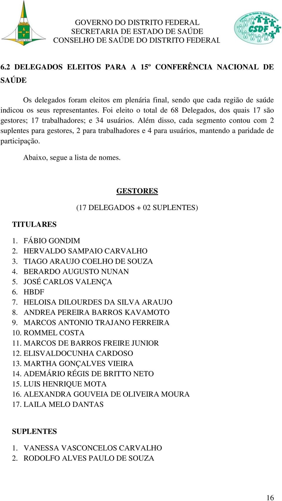 Além disso, cada segmento contou com 2 suplentes para gestores, 2 para trabalhadores e 4 para usuários, mantendo a paridade de participação. Abaixo, segue a lista de nomes.