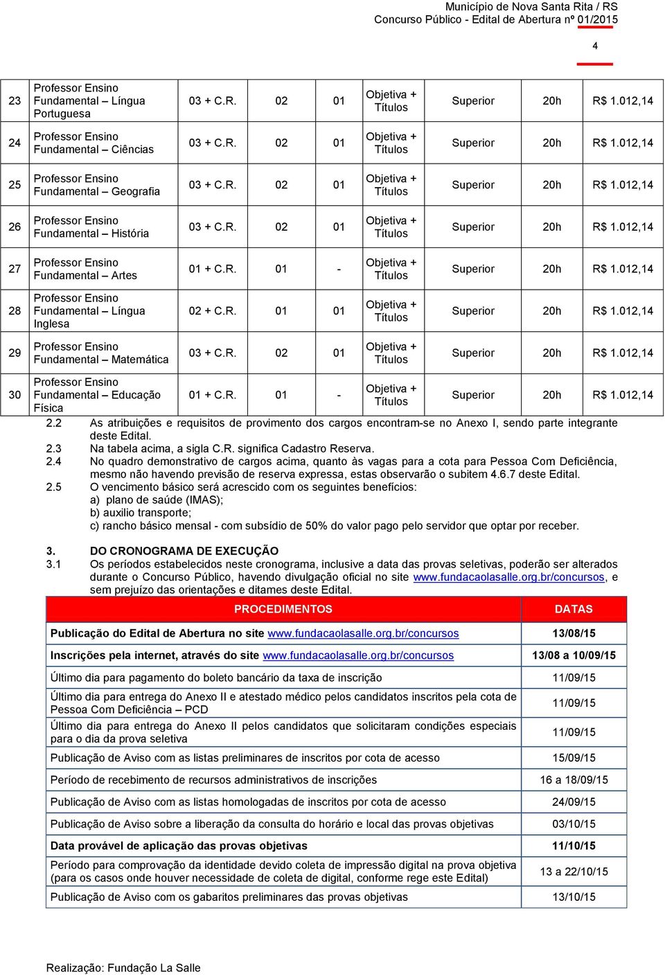 R. 01 - Objetiva + Títulos Superior 20h R$ 1.012,14 28 Professor Ensino Fundamental Língua Inglesa 02 + C.R. 01 01 Objetiva + Títulos Superior 20h R$ 1.