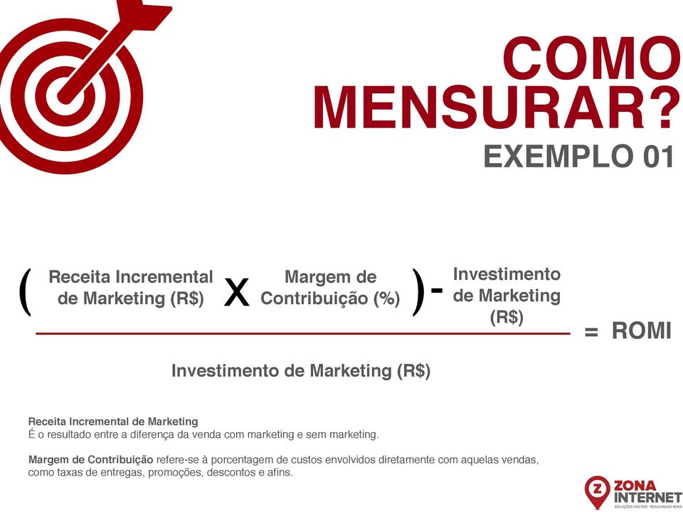 Marketing (R$) = ROMI Investimento de Marketing (R$) Receita Incremental de Marketing É o resultado entre