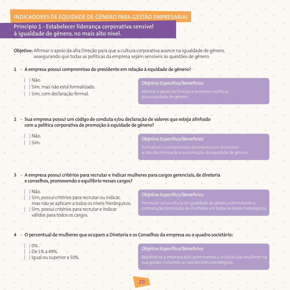 1 - A empresa possui compromisso do presidente em relação à equidade de gênero? ( ) Sim, mas não está formalizado. ( ) Sim, com declaração formal.