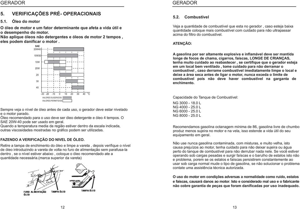 SAE 20W40 10W30 10W 20W 20 30 40-30 -20-10 0 10 20 30 40 O C VALORES SUGERIDOS VALORES PERMITIDOS Sempre veja o níve de óeo antes de cada uso, o gerador deve estar niveado e o motor parado.