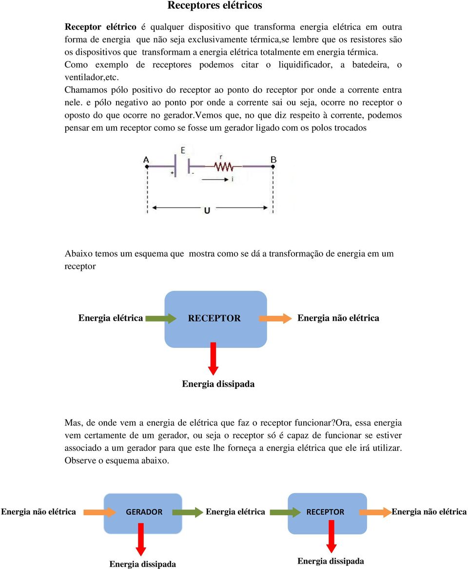 Chamamos pólo positivo do receptor ao ponto do receptor por onde a corrente entra nele. e pólo negativo ao ponto por onde a corrente sai ou seja, ocorre no receptor o oposto do que ocorre no gerador.