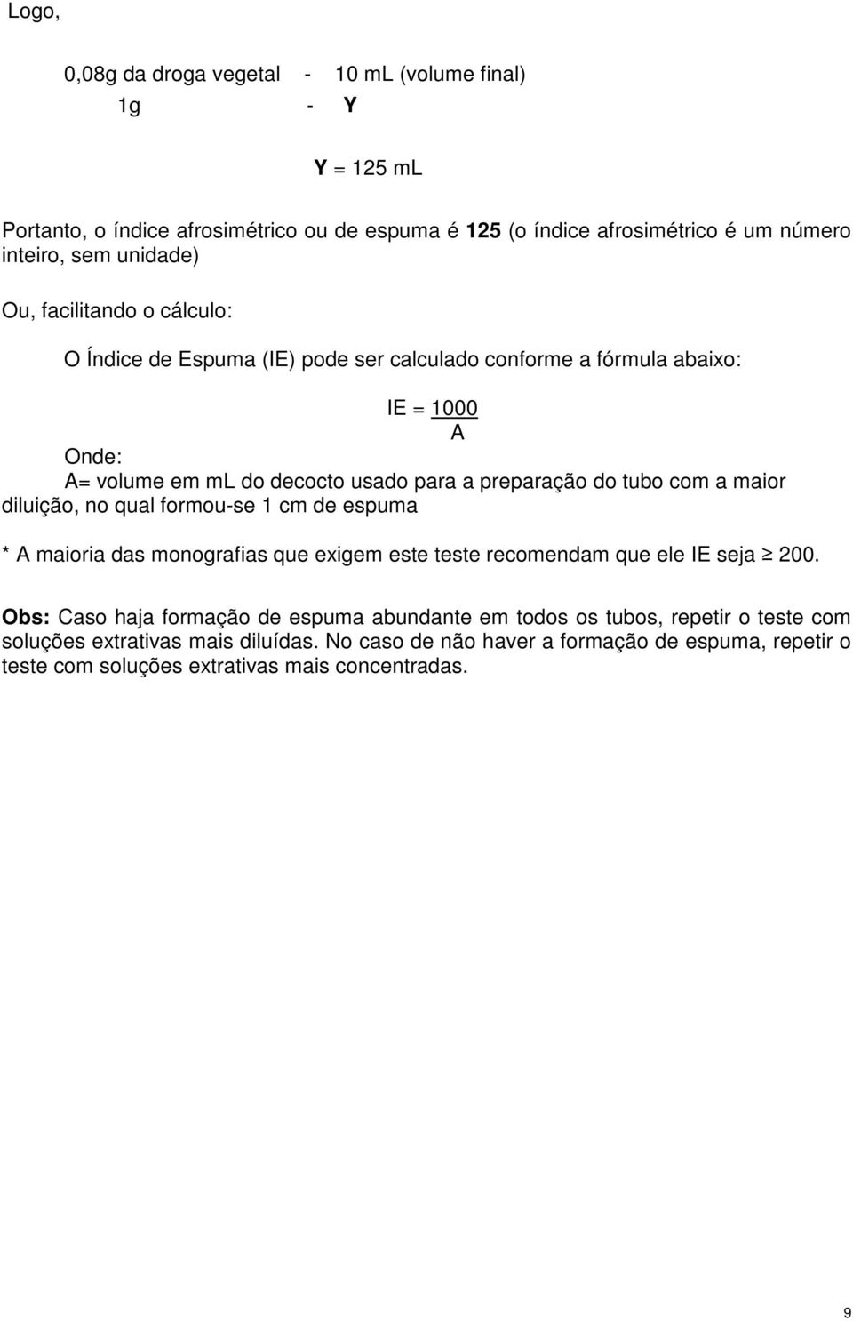 tubo com a maior diluição, no qual formou-se 1 cm de espuma * A maioria das monografias que exigem este teste recomendam que ele IE seja 200.