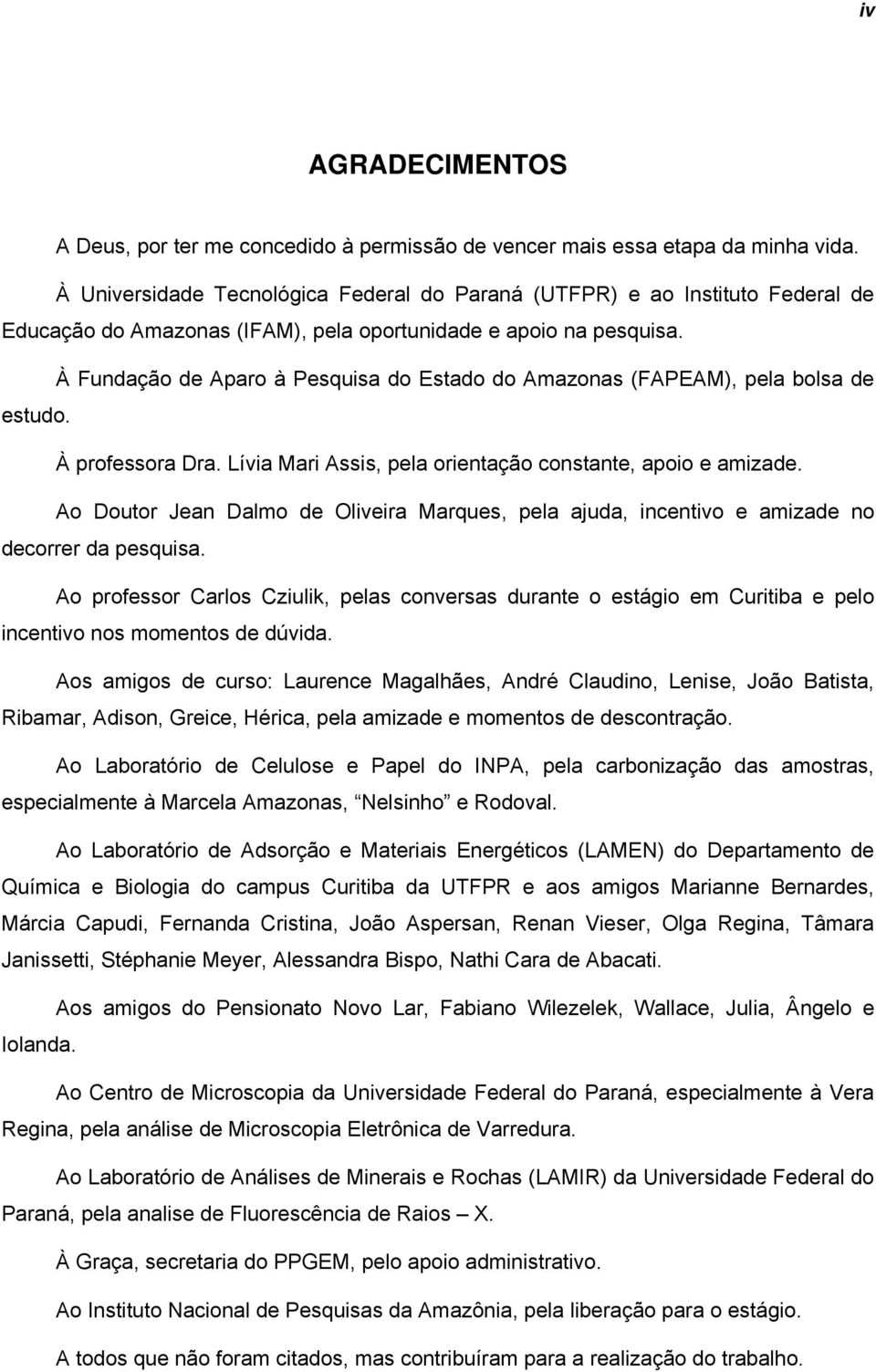 À Fundação de Aparo à Pesquisa do Estado do Amazonas (FAPEAM), pela bolsa de estudo. À professora Dra. Lívia Mari Assis, pela orientação constante, apoio e amizade.