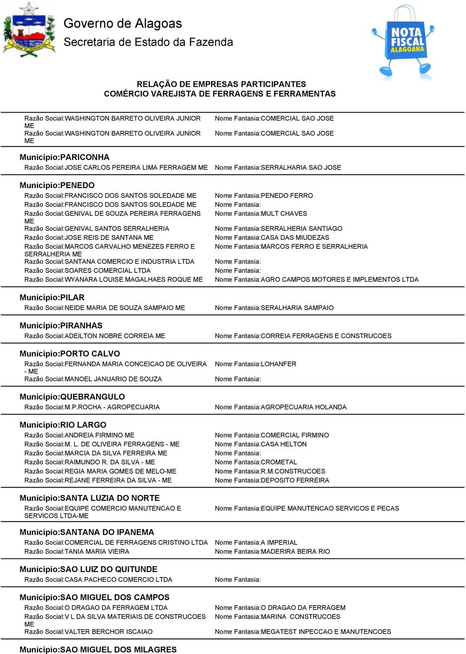 PEREIRA FERRAGENS Razão Social:GENIVAL SANTOS SERRALHERIA Razão Social:JOSE REIS DE SANTANA Razão Social:MARCOS CARVALHO NEZES FERRO E SERRALHERIA Razão Social:SANTANA CORCIO E INDUSTRIA Razão