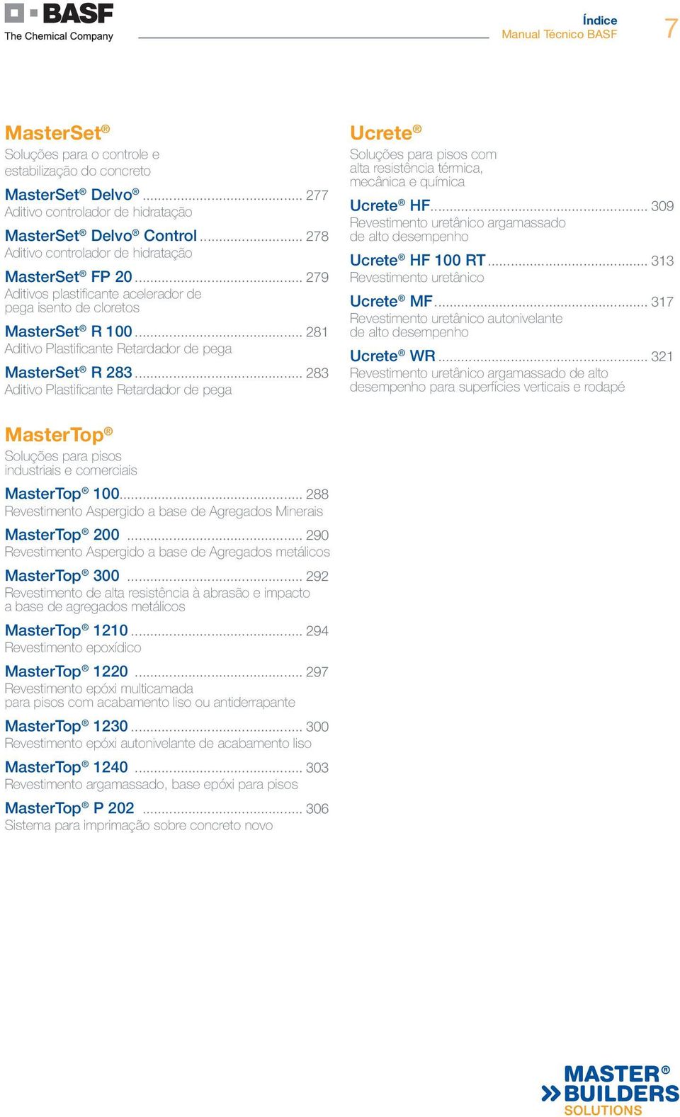 .. 281 Aditivo Plastificante Retardador de pega MasterSet R 283... 283 Aditivo Plastificante Retardador de pega Ucrete Soluções para pisos com alta resistência térmica, mecânica e química Ucrete HF.