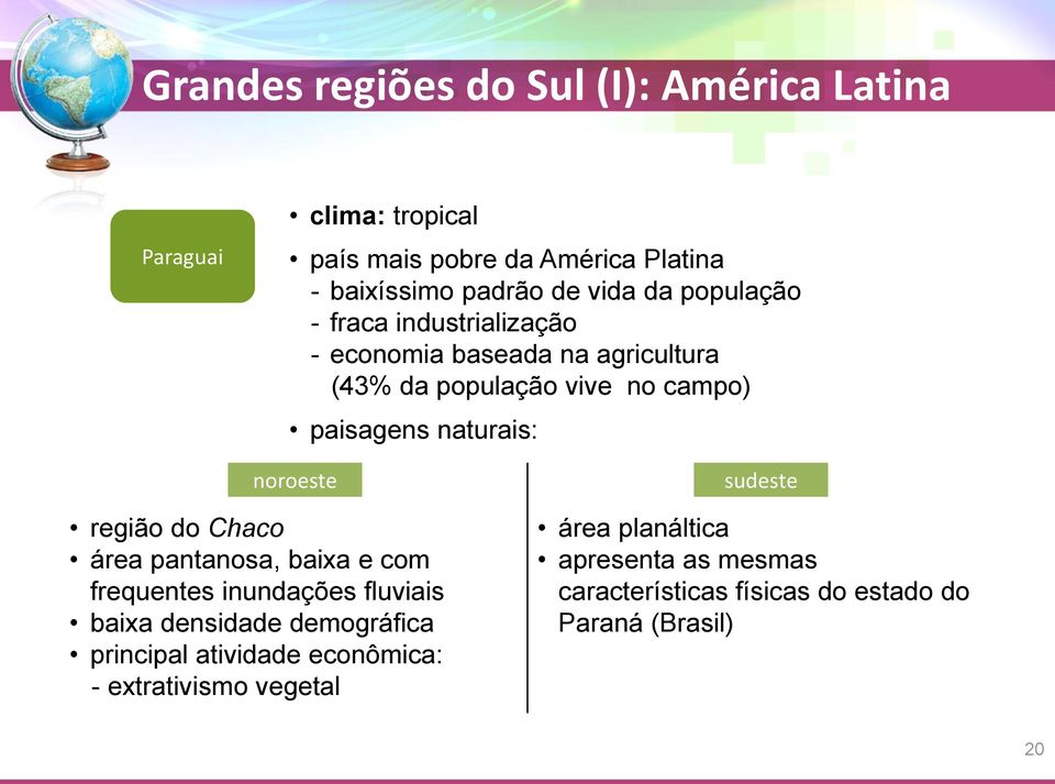 do Chaco área pantanosa, baixa e com frequentes inundações fluviais baixa densidade demográfica principal atividade