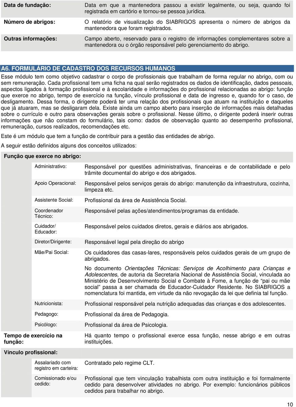 Campo aberto, reservado para o registro de informações complementares sobre a mantenedora ou o órgão responsável pelo gerenciamento do abrigo. A6.