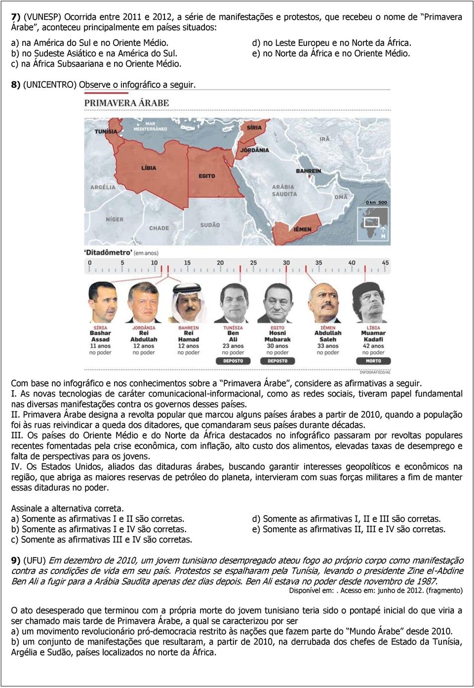 e) no Norte da África e no Oriente Médio. Com base no infográfico e nos conhecimentos sobre a Primavera Árabe, considere as afirmativas a seguir. I.