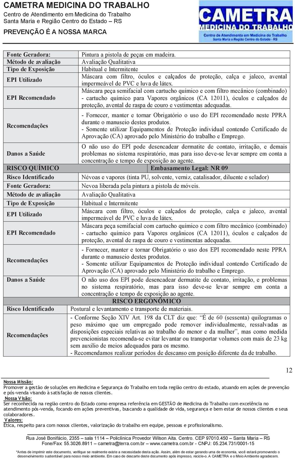 Máscara peça semifacial com cartucho químico e com filtro mecânico combinado) - cartucho químico para Vapores orgânicos CA 12011), óculos e calçados de proteção, avental de raspa de couro e