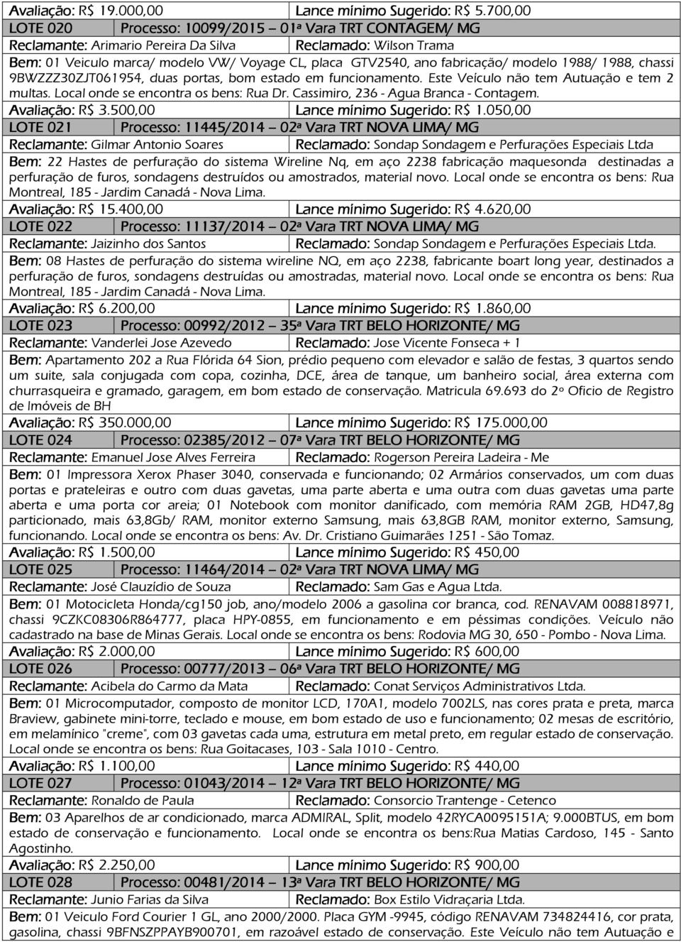 fabricação/ modelo 1988/ 1988, chassi 9BWZZZ30ZJT061954, duas portas, bom estado em funcionamento. Este Veículo não tem Autuação e tem 2 multas. Local onde se encontra os bens: Rua Dr.