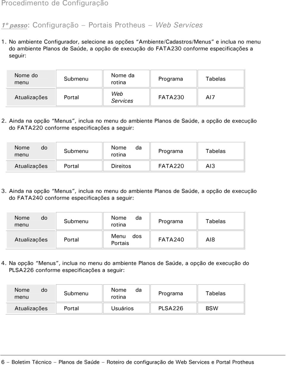 Submenu Nome da rotina Programa Tabelas Atualizações Portal Web Services FATA230 AI7 2.