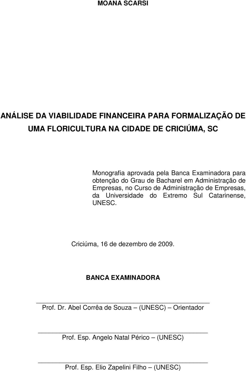 de Empresas, da Universidade do Extremo Sul Catarinense, UNESC. Criciúma, 16 de dezembro de 2009. BANCA EXAMINADORA Prof.