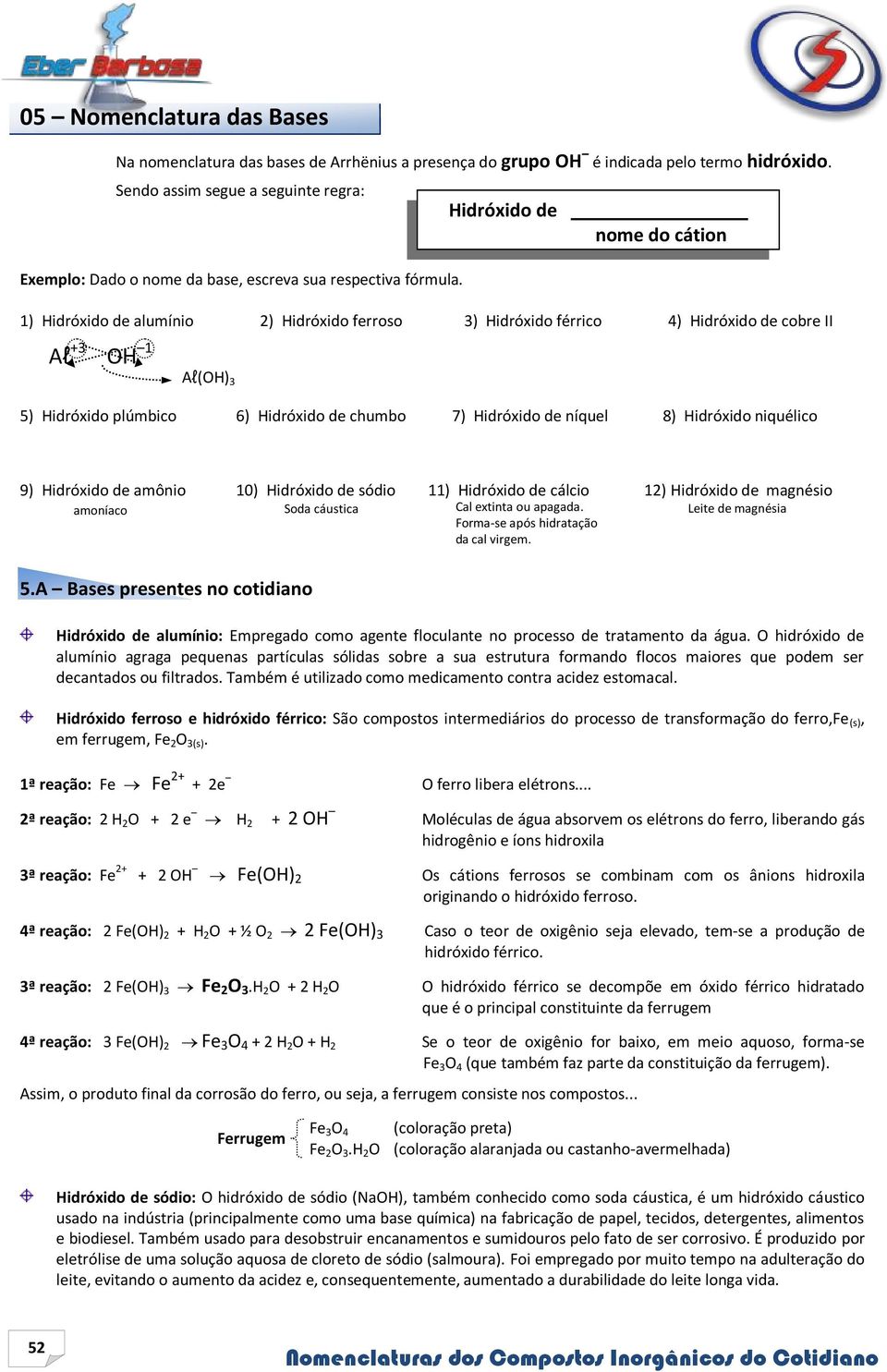 1) Hidróxido de alumínio 2) Hidróxido ferroso 3) Hidróxido férrico 4) Hidróxido de cobre II Al +3 OH 1 Al(OH) 3 5) Hidróxido plúmbico 6) Hidróxido de chumbo 7) Hidróxido de níquel 8) Hidróxido