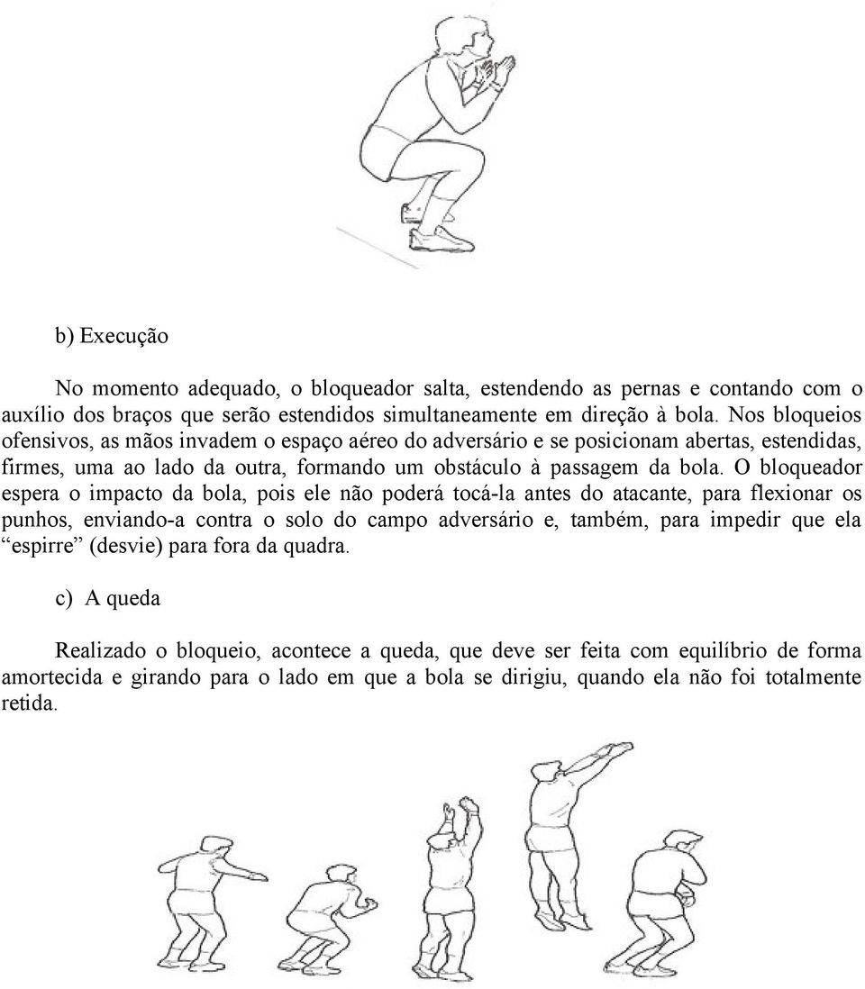 O bloqueador espera o impacto da bola, pois ele não poderá tocá-la antes do atacante, para flexionar os punhos, enviando-a contra o solo do campo adversário e, também, para impedir que ela