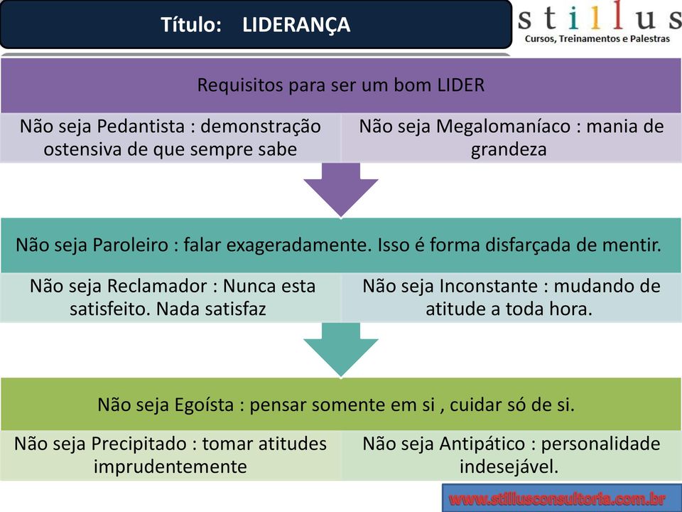 Não seja Reclamador : Nunca esta satisfeito. Nada satisfaz Não seja Inconstante : mudando de atitude a toda hora.