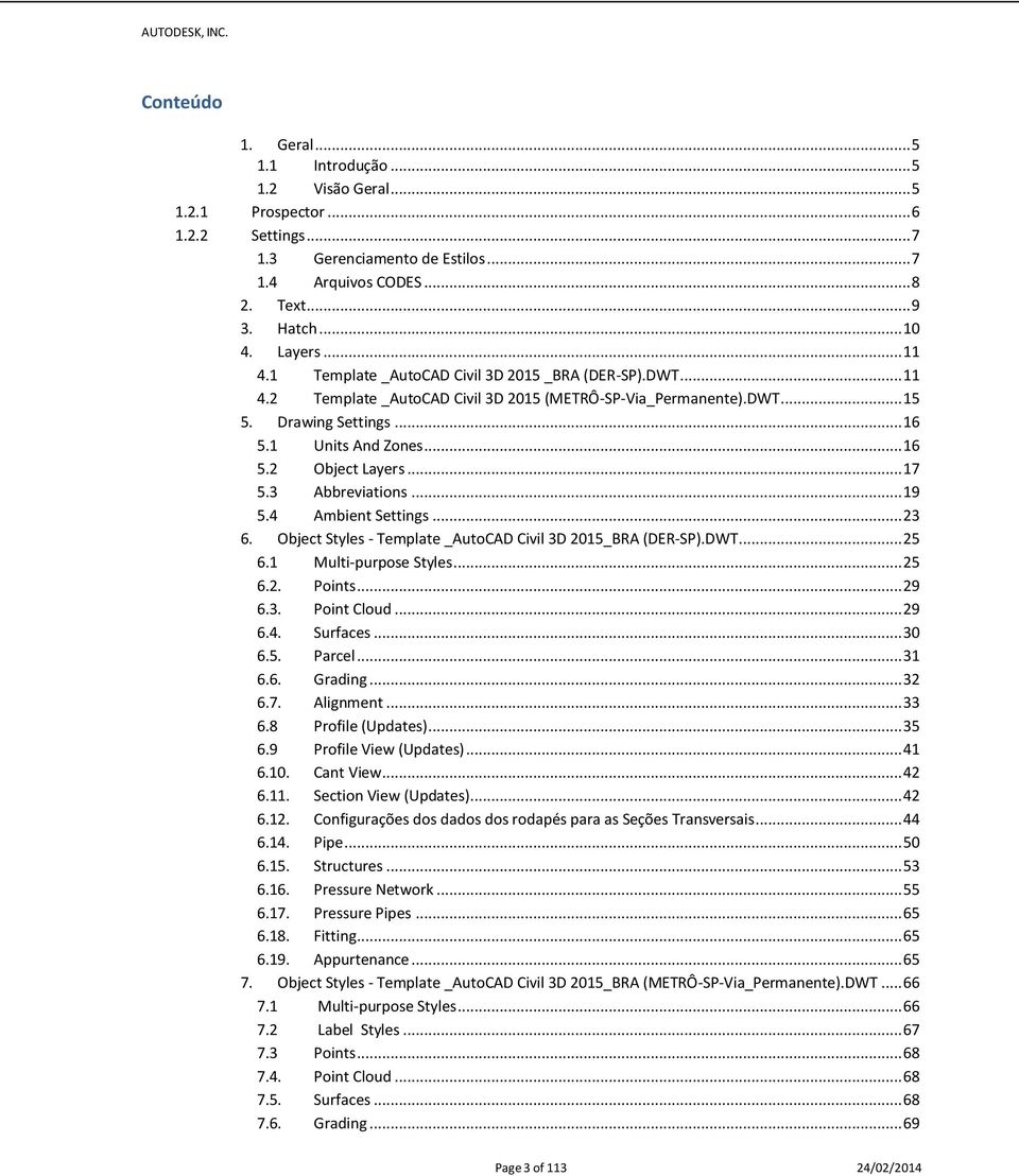 .. 17 5.3 Abbreviations... 19 5.4 Ambient Settings... 23 6. Object Styles - Template _AutoCAD Civil 3D 2015_BRA (DER-SP).DWT... 25 6.1 Multi-purpose Styles... 25 6.2. Points... 29 6.3. Point Cloud.