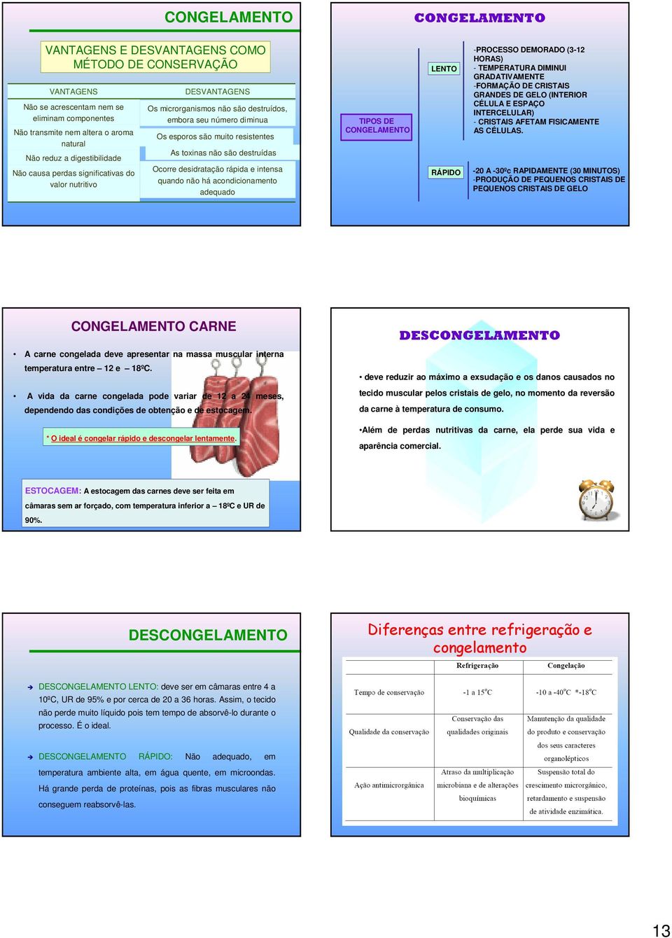 destruídas Ocorre desidratação rápida e intensa quando não há acondicionamento adequado TIPOS DE CONGELAMENTO LENTO RÁPIDO -PROCESSO DEMORADO (3-12 HORAS) - TEMPERATURA DIMINUI GRADATIVAMENTE