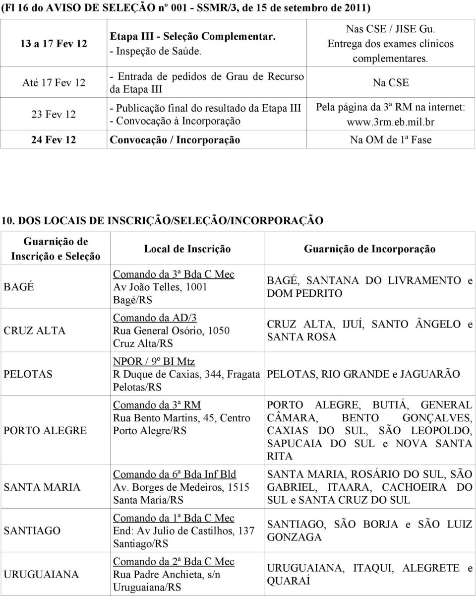 Na CSE Pela página da 3ª RM na internet: www.3rm.eb.mil.br 24 Fev 12 Convocação / Incorporação Na OM de 1ª Fase 10.