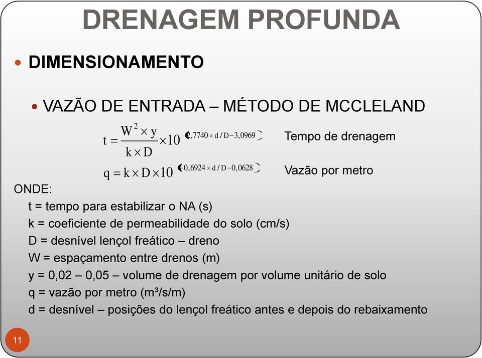 permeabilidade do solo (cm/s) D = desnível lençol freático dreno W = espaçamento entre drenos (m) y = 0,02 0,05 volume de