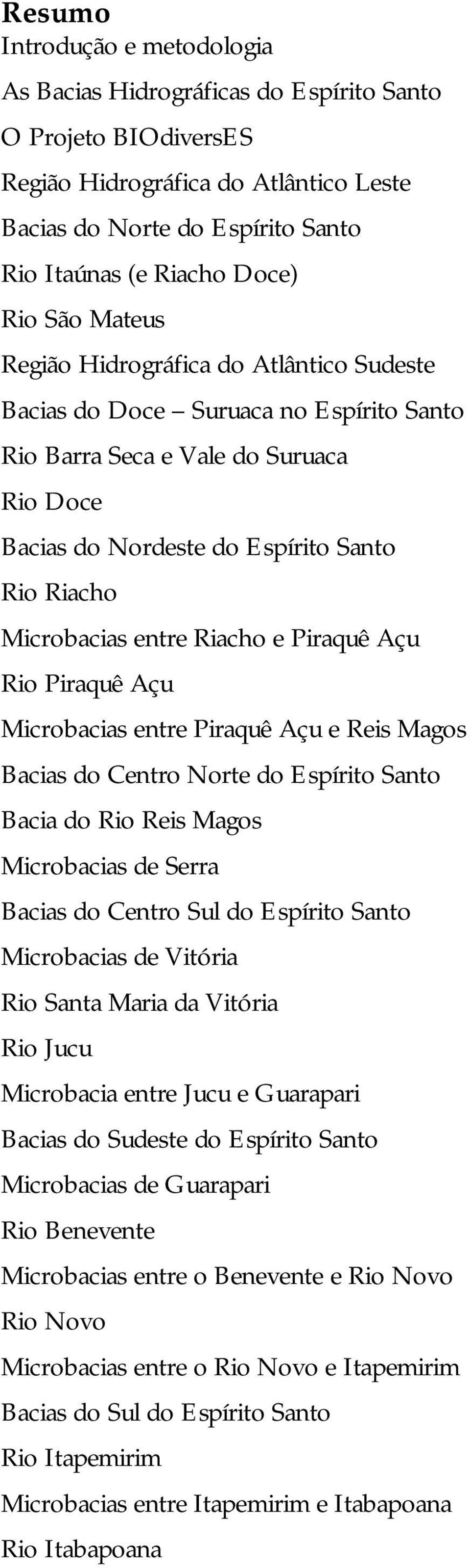 entre Riacho e Piraquê Açu Rio Piraquê Açu Microbacias entre Piraquê Açu e Reis Magos Bacias do Centro Norte do Espírito Santo Bacia do Rio Reis Magos Microbacias de Serra Bacias do Centro Sul do