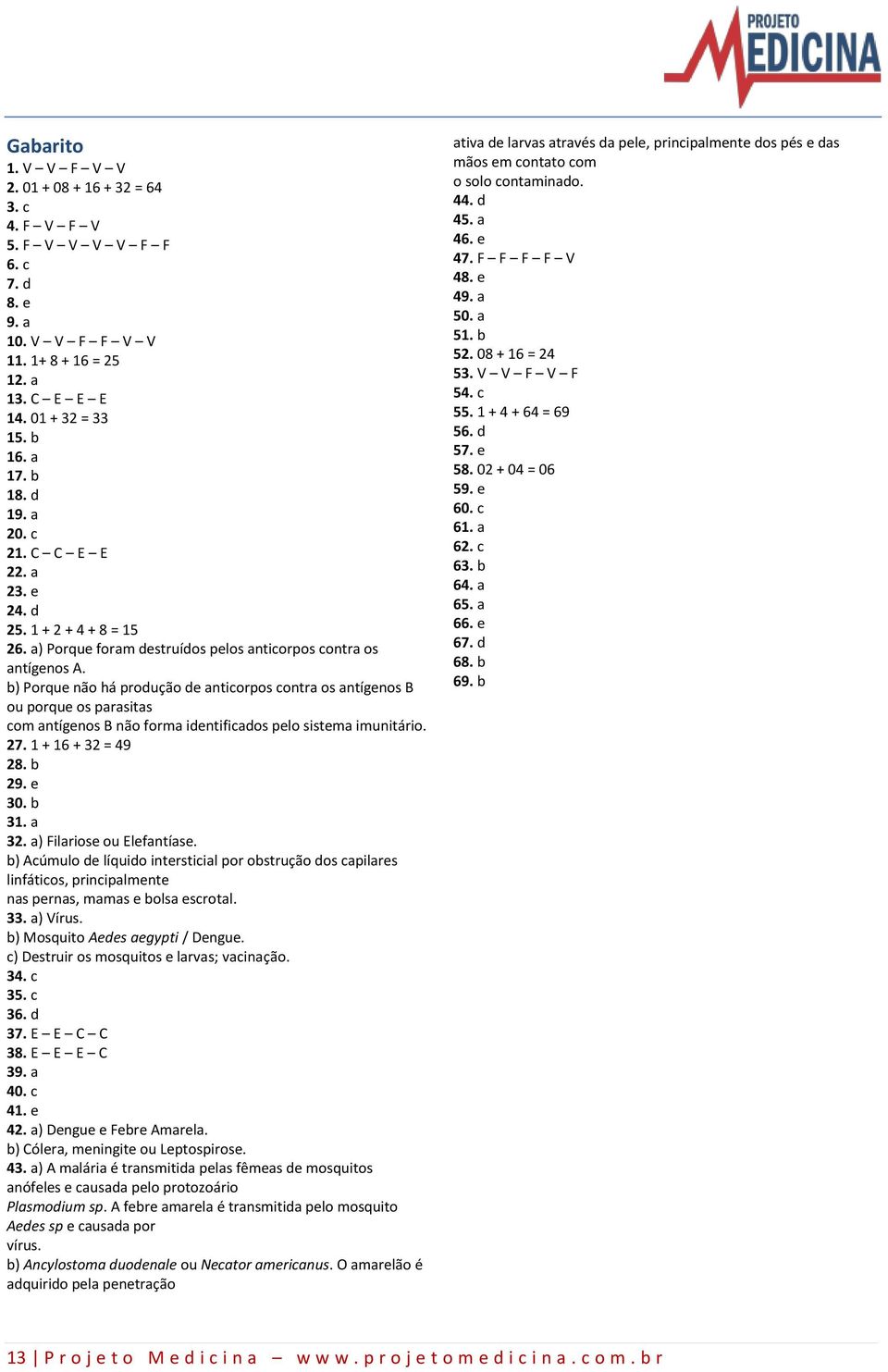 b) Porque não há produção de anticorpos contra os antígenos B ou porque os parasitas com antígenos B não forma identificados pelo sistema imunitário. 27. 1 + 16 + 32 = 49 28. b 29. e 30. b 31. a 32.