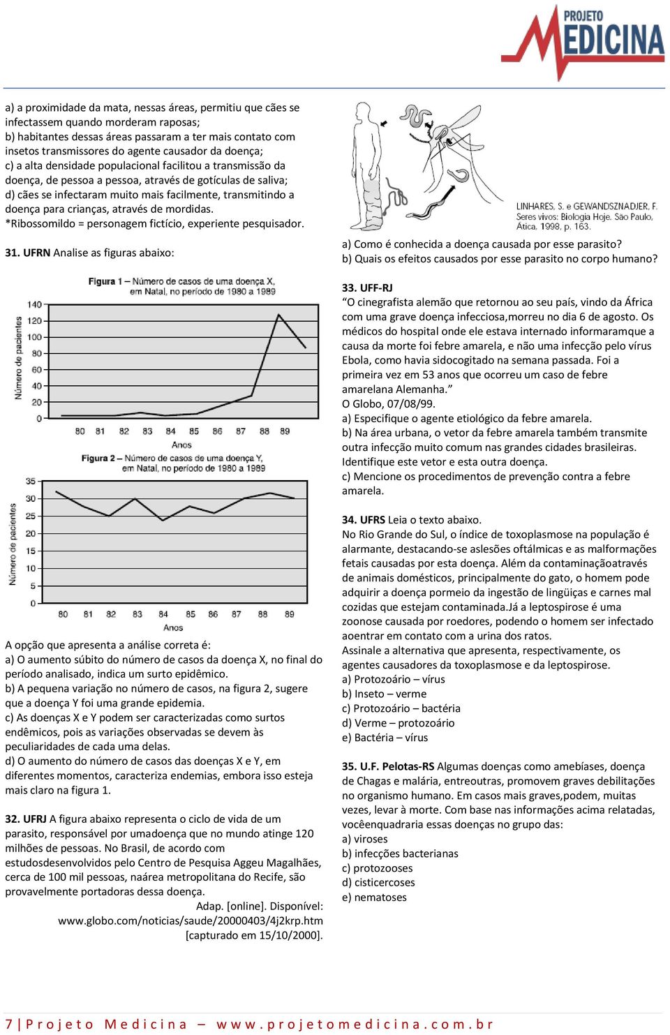 para crianças, através de mordidas. *Ribossomildo = personagem fictício, experiente pesquisador. 31. UFRN Analise as figuras abaixo: a) Como é conhecida a doença causada por esse parasito?