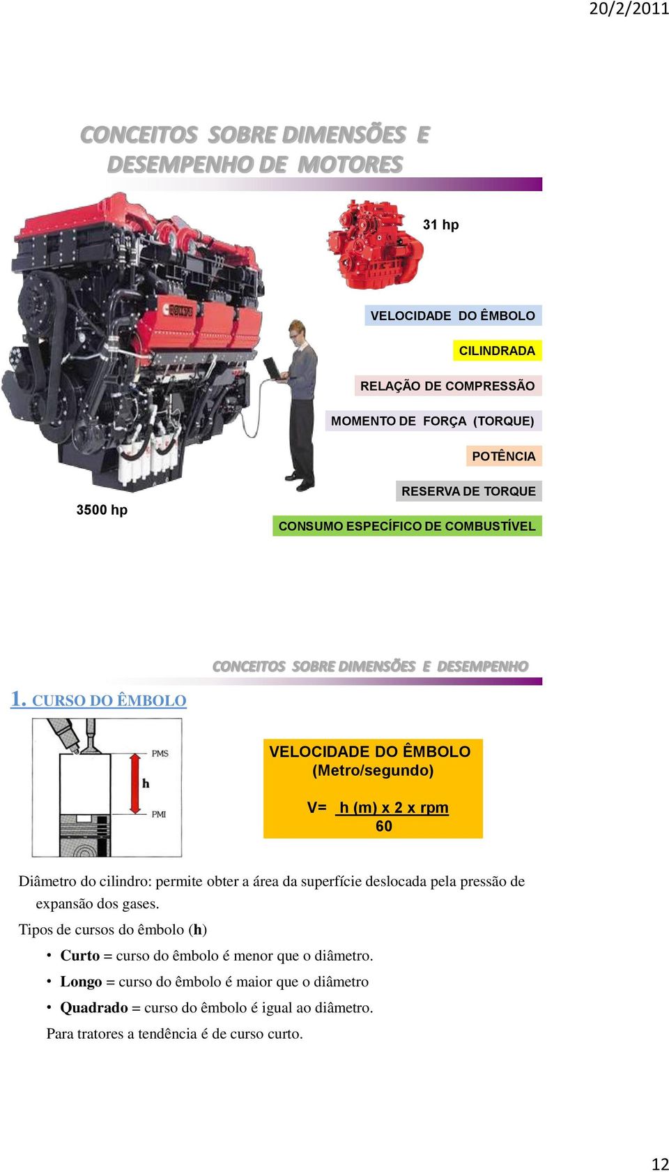 CURSO DO ÊMBOLO VELOCIDADE DO ÊMBOLO (Metro/segundo) V= h (m) x 2 x rpm 60 Diâmetro do cilindro: permite obter a área da superfície deslocada pela