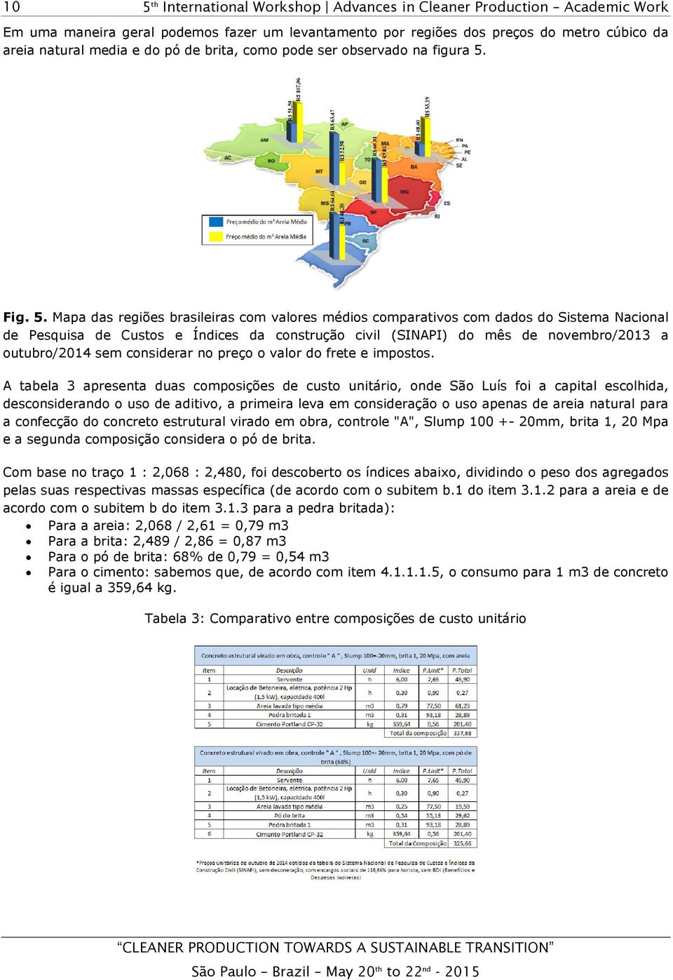 Mapa das regiões brasileiras com valores médios comparativos com dados do Sistema Nacional de Pesquisa de Custos e Índices da construção civil (SINAPI) do mês de novembro/2013 a outubro/2014 sem