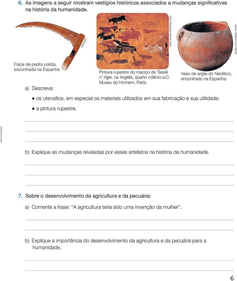 os utensílios, em especial os materiais utilizados em sua fabricação e sua utilidade; a pintura rupestre. b) explique as mudanças reveladas por esses artefatos na história da humanidade. 7.