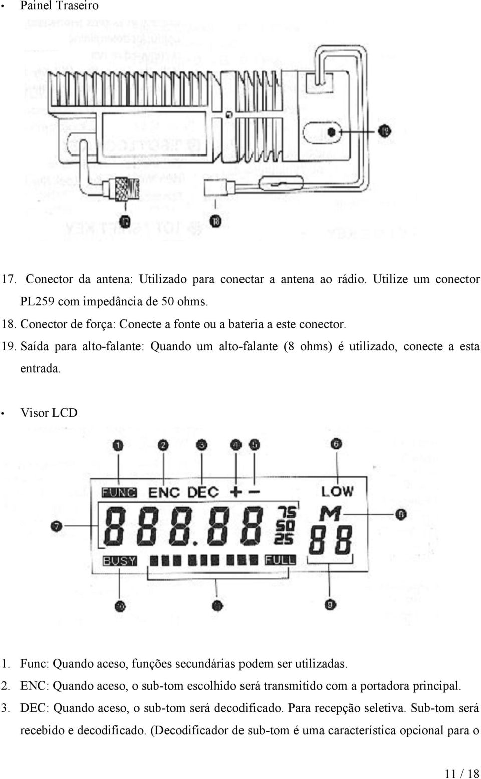 Visor LCD 1. Func: Quando aceso, funções secundárias podem ser utilizadas. 2. ENC: Quando aceso, o sub-tom escolhido será transmitido com a portadora principal.