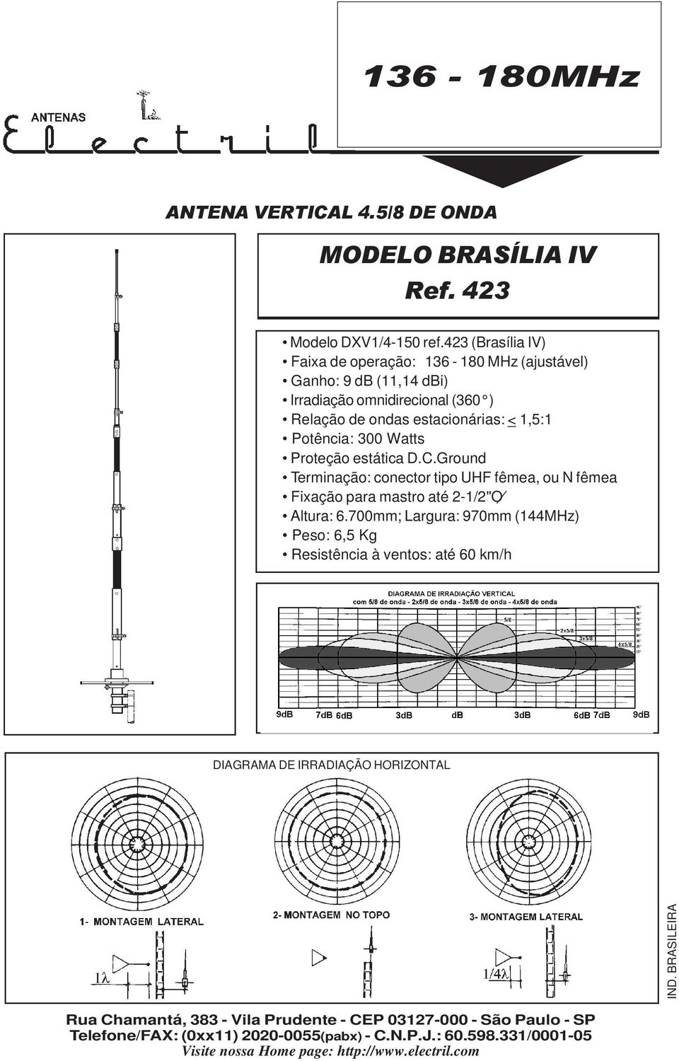 ) Relação de ondas estacionárias: < 1,5:1 Potência: 300 Watts Proteção estática D.C.