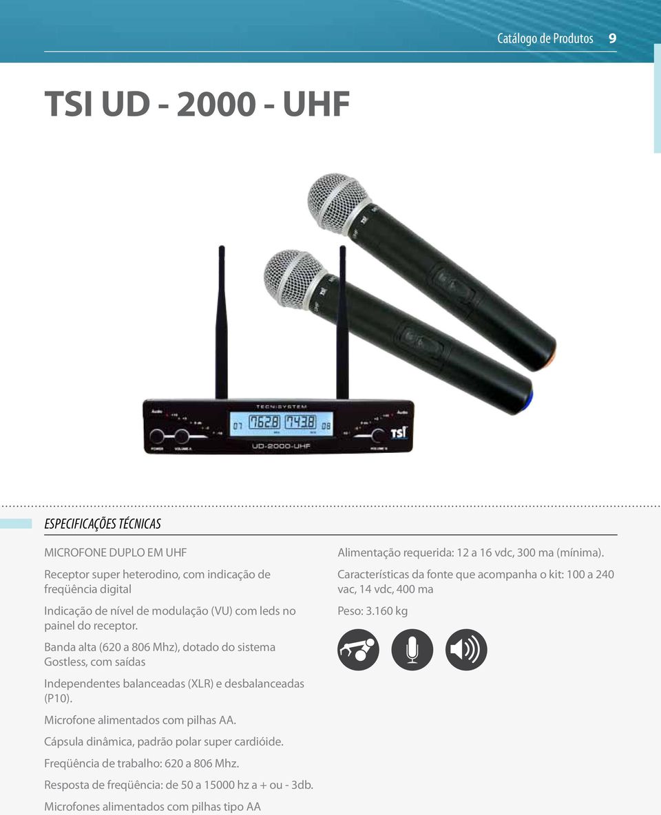 Microfone alimentados com pilhas AA. Cápsula dinâmica, padrão polar super cardióide. Freqüência de trabalho: 620 a 806 Mhz. Resposta de freqüência: de 50 a 15000 hz a + ou - 3db.